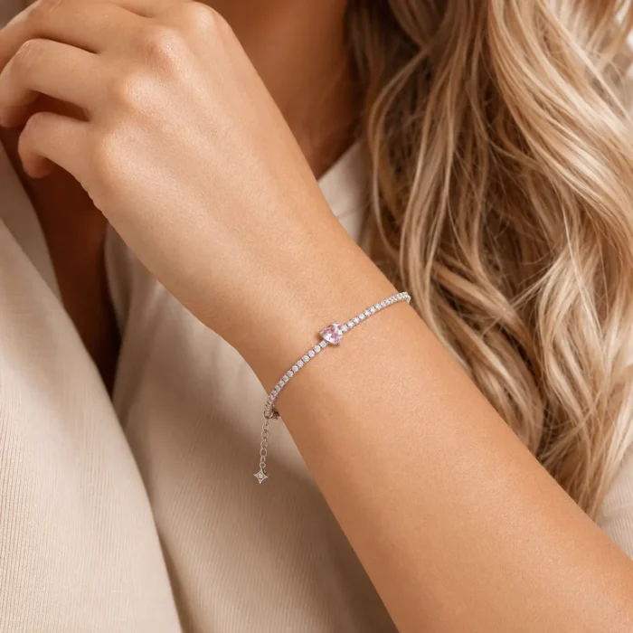 Brățară Tennis Pink Heart Silver cu Zirconiu Roz - imagine 2