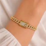 Brățară Cuban 8mm cadou femei aurie cu cristale albe