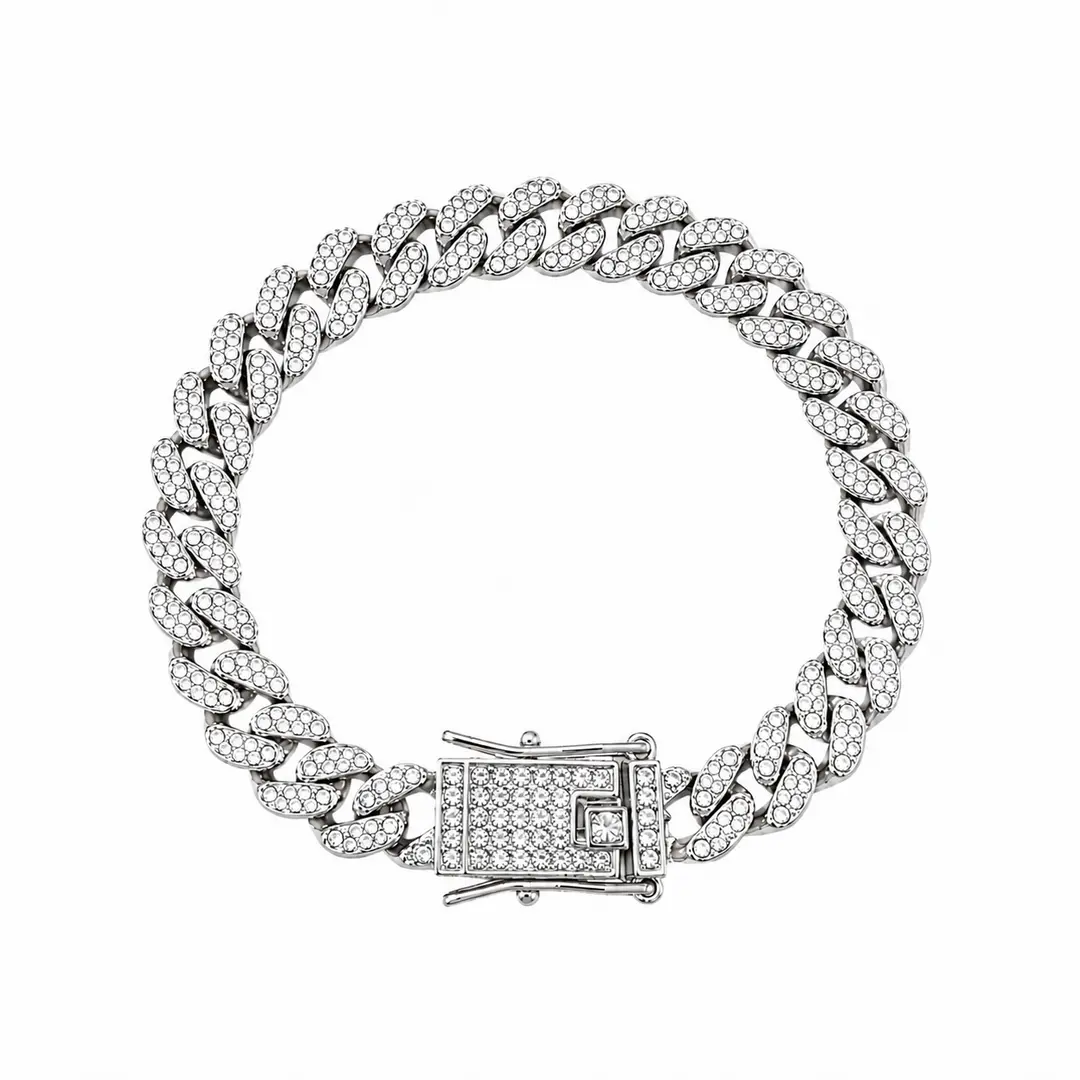 Brățară Cuban Silver 8 mm 18 cm cu cristale strălucitoare