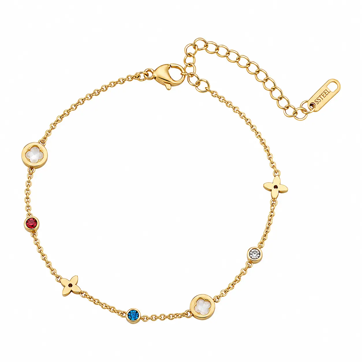 Brățară de gleznă Golden Flower Dots placată cu Aur 18K, cu flori aurii și pietre multicolore