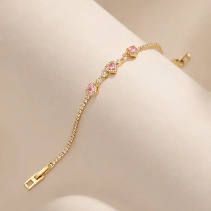 Brățară Tennis Pink Hearts Gold placată cu Aur - imagine 3