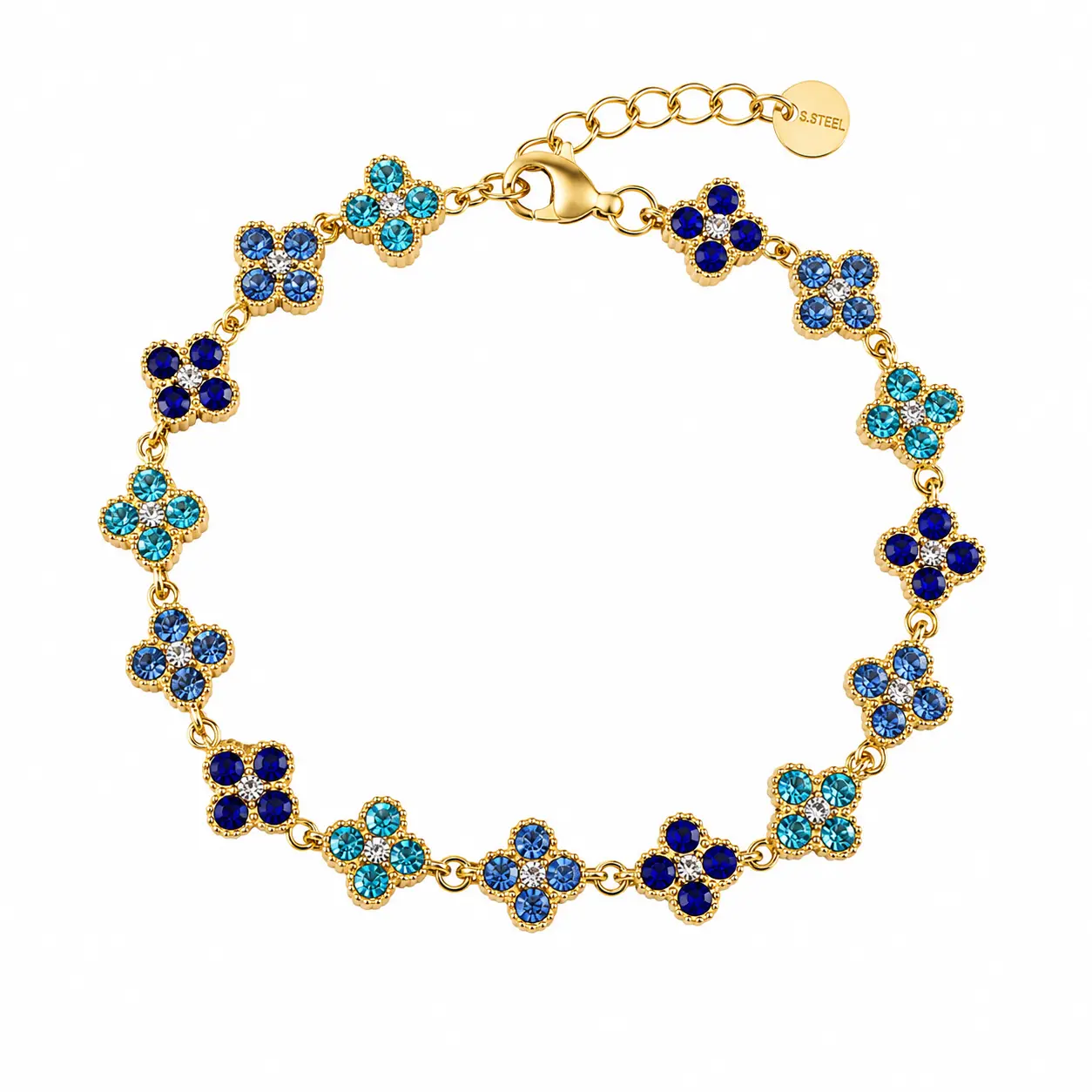 Brățară Lucky Clover Blue Gold cu zirconii albastre