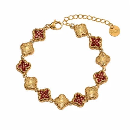Brățară Lucky Clover Red Gold placată cu Aur 18K cu zirconiu roșu