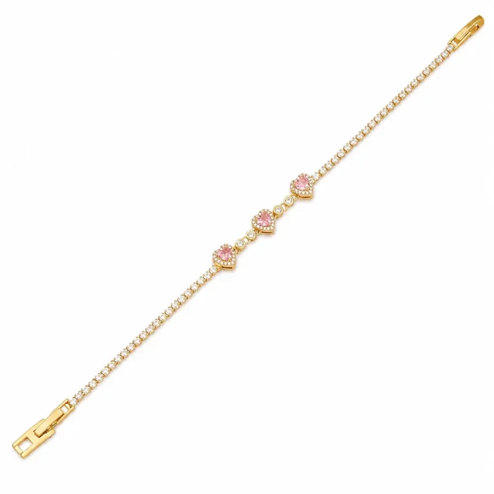 Brățară Tennis Pink Hearts Gold placată cu Aur - imagine 4