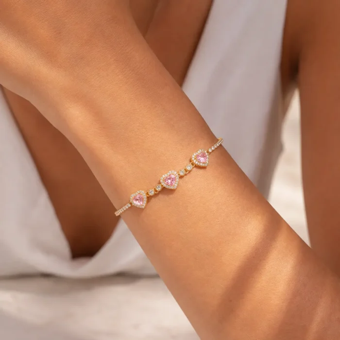 Brățară tennis Pink Heart Gold cu inimi roz pentru femei