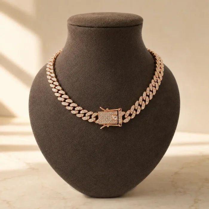 Colier statement rose gold cu zale Cuban și cristale rhinestone