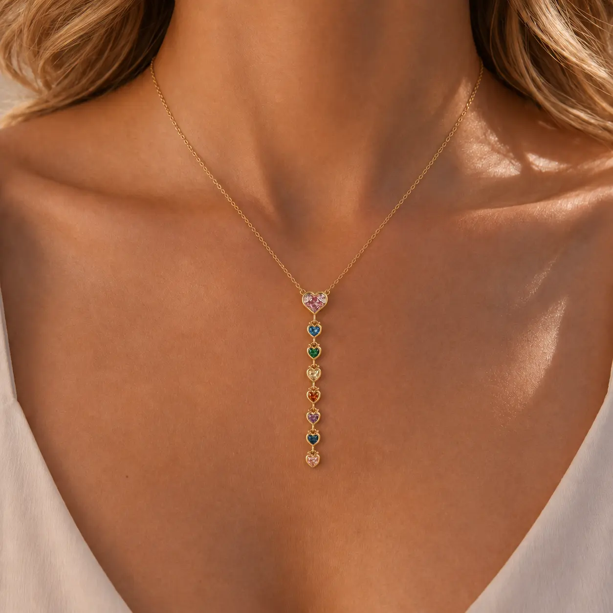 Colier tip lariat pentru femei cu inimă aurie și pietre din zirconiu cubic multicolor
