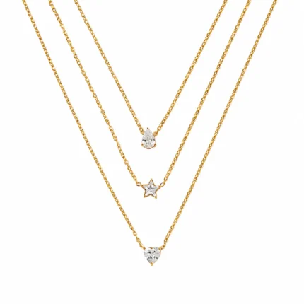 Colier Layered Star Drop Heart Gold placat cu Aur cu pandantive stea lacrimă și inimă