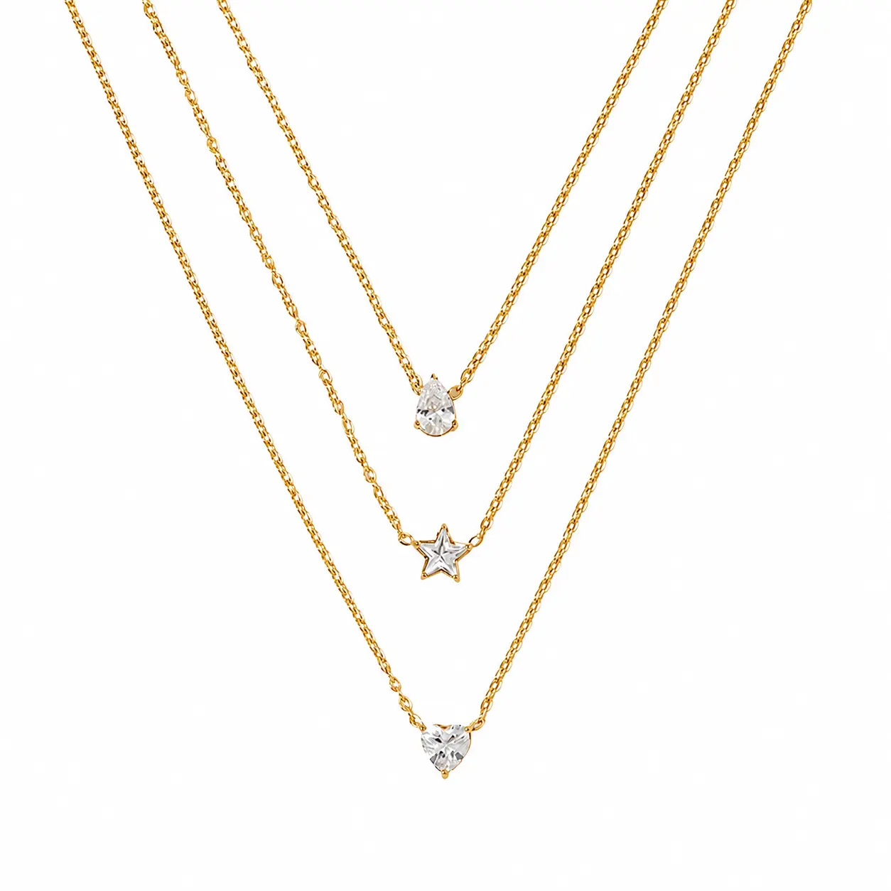 Colier Layered Star Drop Heart Gold placat cu Aur cu pandantive stea lacrimă și inimă