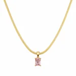 Colier Pink Rectangle Gold placat cu Aur 18K cu pandantiv dreptunghiular și zirconiu roz