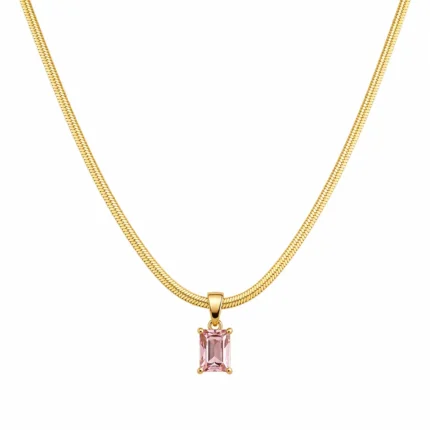 Colier Pink Rectangle Gold placat cu Aur 18K cu pandantiv dreptunghiular și zirconiu roz