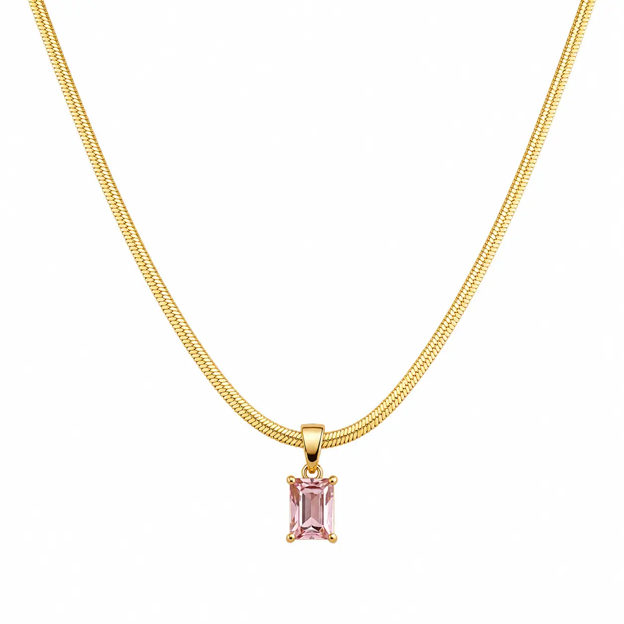 Colier Pink Rectangle Gold placat cu Aur 18K cu pandantiv dreptunghiular și zirconiu roz
