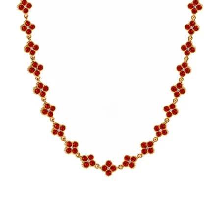 Colier Red Flower Gold placat cu Aur 18K, cu trifoi și zirconii roșii