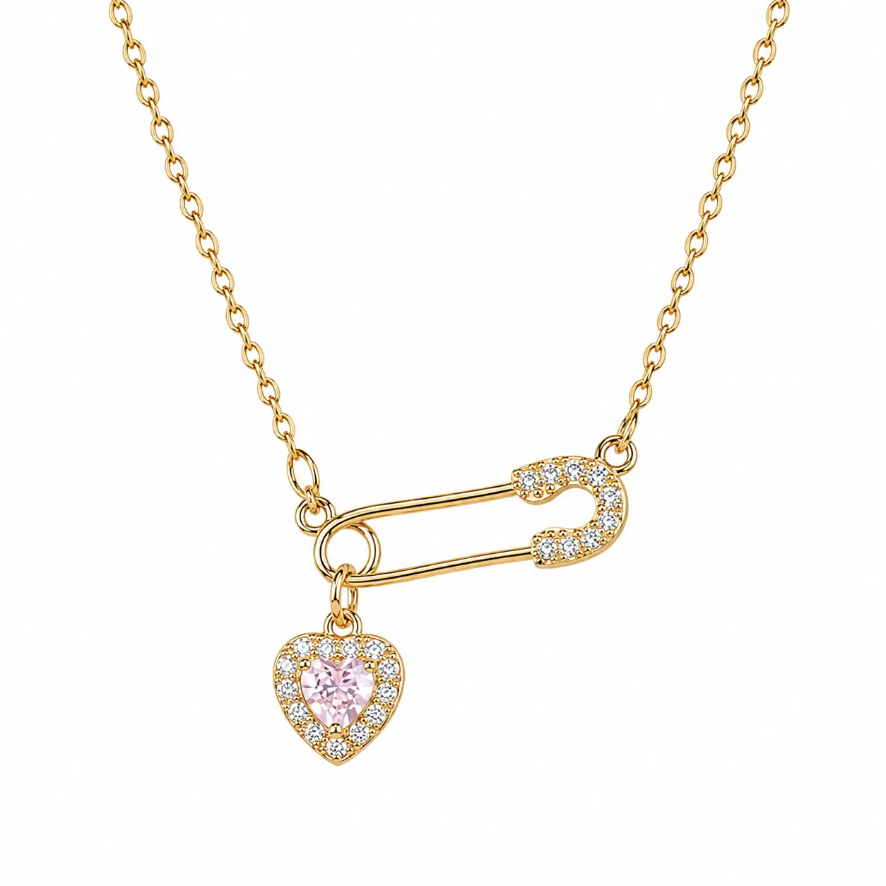 Colier Safety Pin Heart Gold cu pandantiv inimă și zirconiu cubic