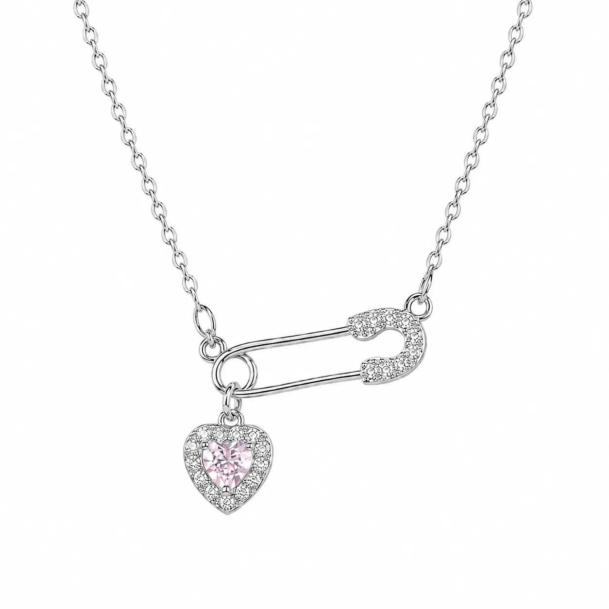 colier-safety-pin-heart-silver Colier Safety Pin Heart Silver cu pandantiv inimă și zirconiu cubic