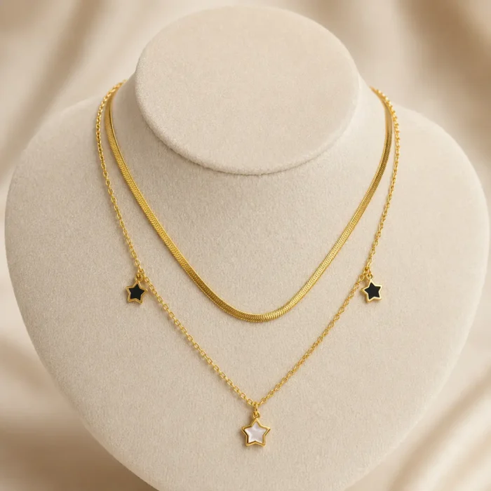 Colier layered cu stele decorative și finisaj auriu placat cu Aur 18K