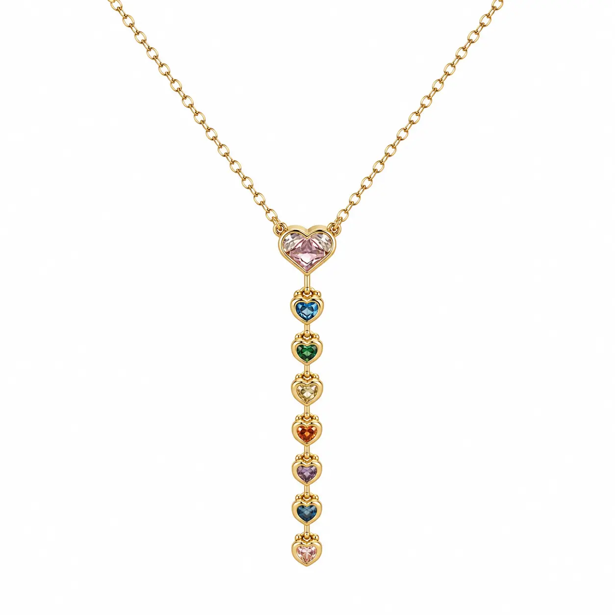 Colier Y Heart Cascade Gold placat cu Aur 18K cu pandantiv inimă și zirconiu multicolor