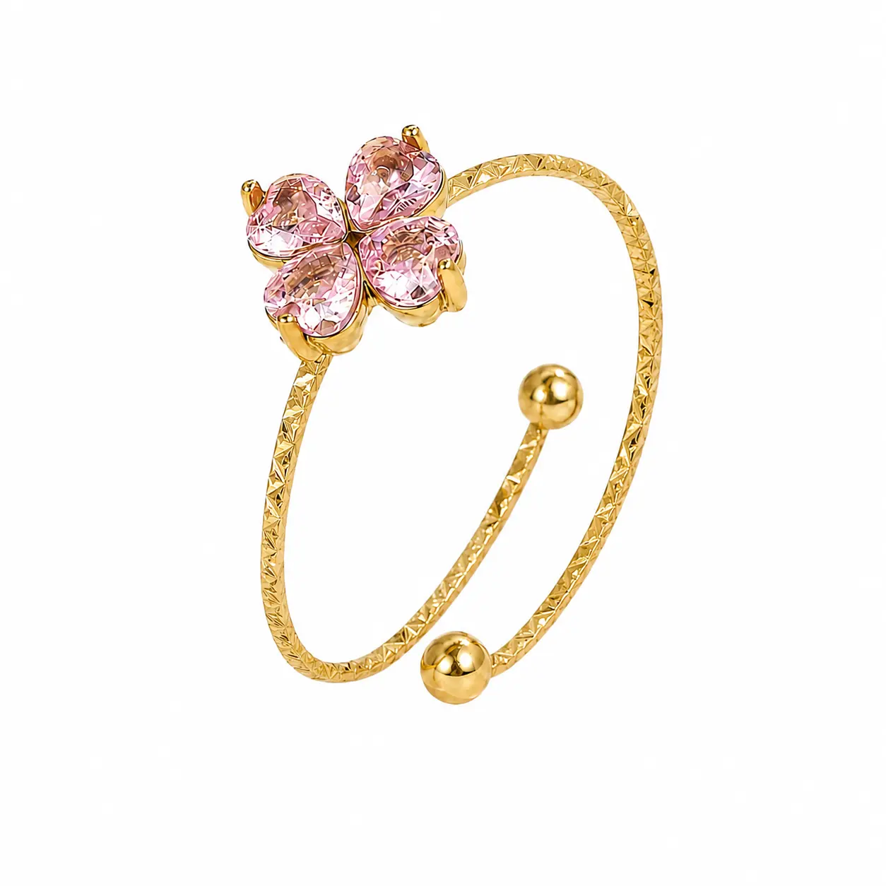 Inel ajustabil Pink Clover Gold placat cu aur cu trifoi și pietre roz