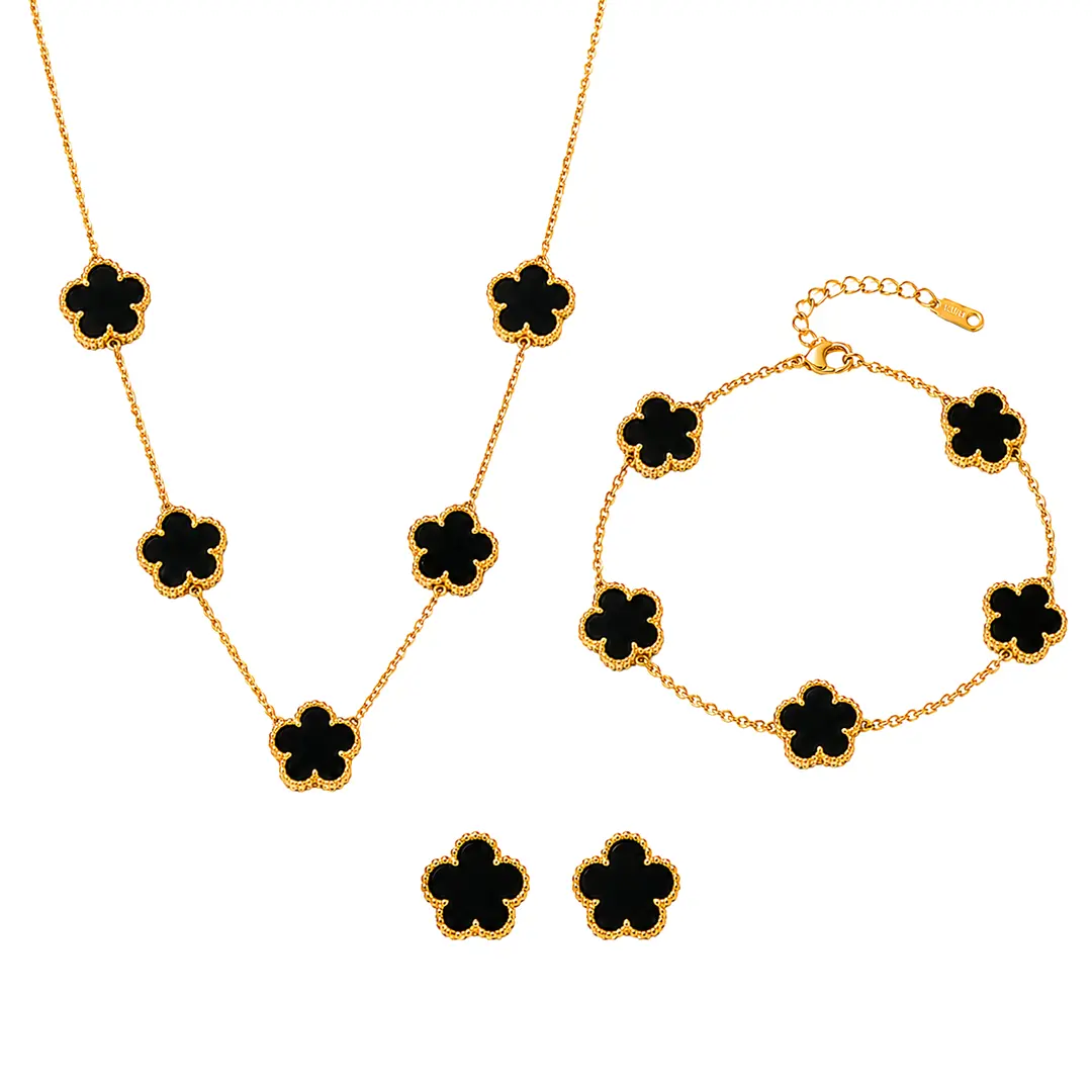 Set bijuterii 3 piese cu flori negre, placat cu Aur 18K, colier brățară și cercei