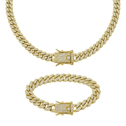 Set Cuban Gold 8 mm cu colier și brățară cu cristale rhinestone albe