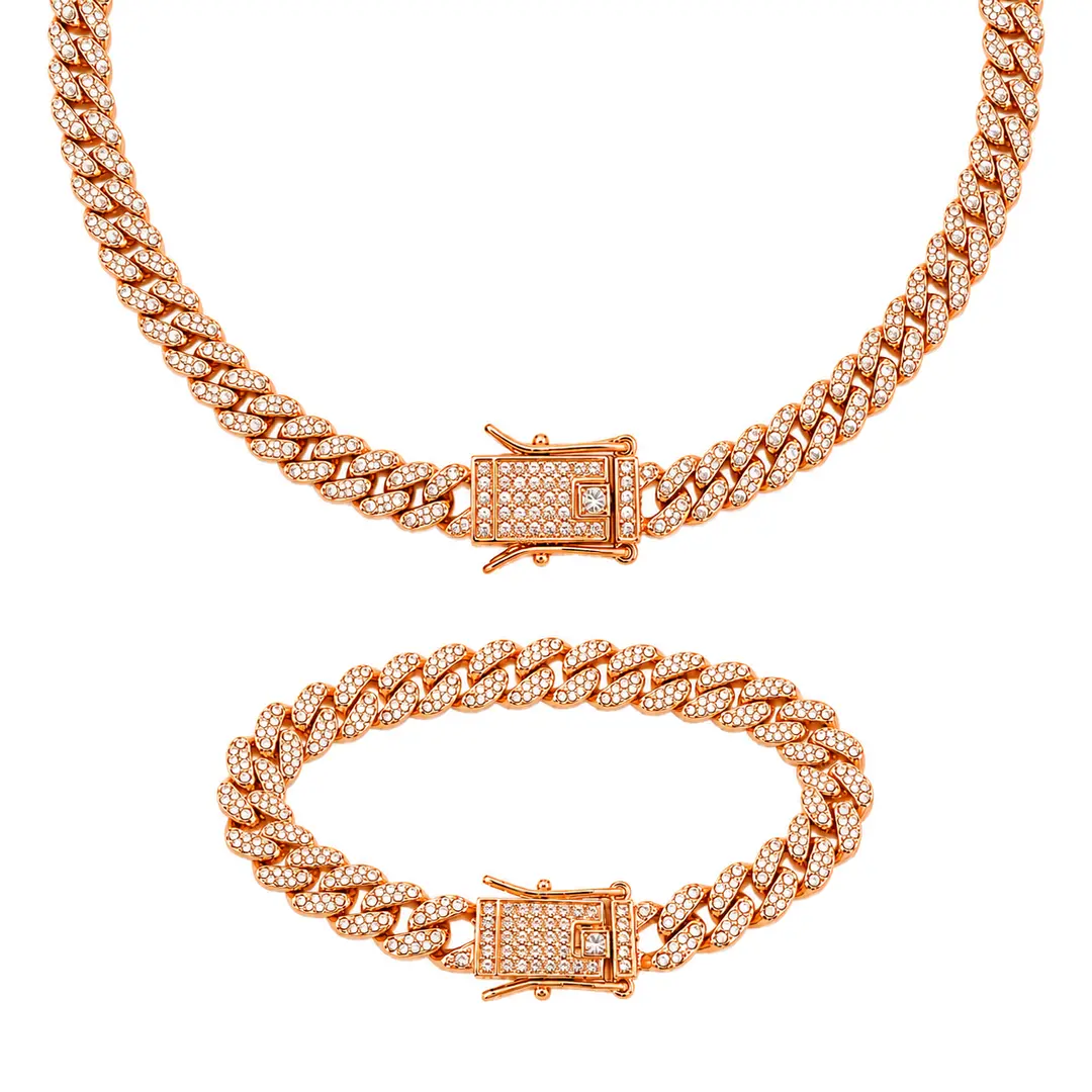 Set Cuban Rose Gold 8 mm cu colier și brățară cu cristale rhinestone albe