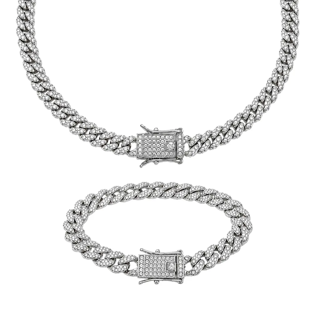 set-cuban-silver-8mm-colier-bratara-cristale-rhinestone Set Cuban Silver 8 mm cu colier și brățară cu cristale rhinestone albe