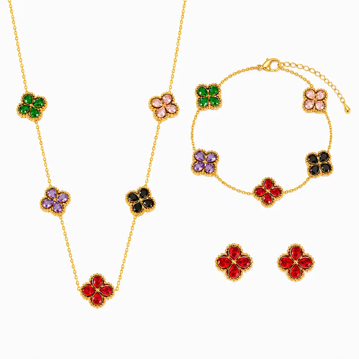 Set Flower Colors Gold placat cu Aur 18K format din colier brățară și cercei cu flori multicolore