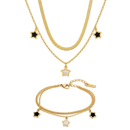 Set Layered Star Gold placat cu Aur 18K format din colier și brățară cu pandantive stea