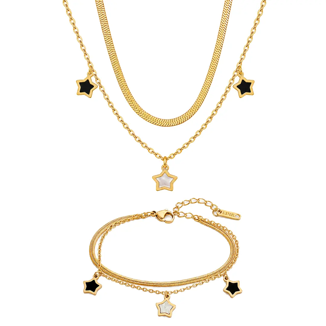 Set Layered Star Gold placat cu Aur 18K format din colier și brățară cu pandantive stea