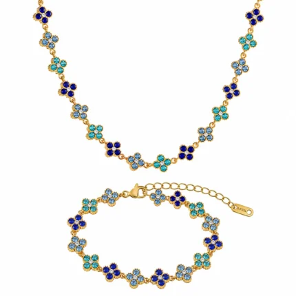 Set Lucky Clover Blue Gold cu colier și brățară auriu cu trifoi