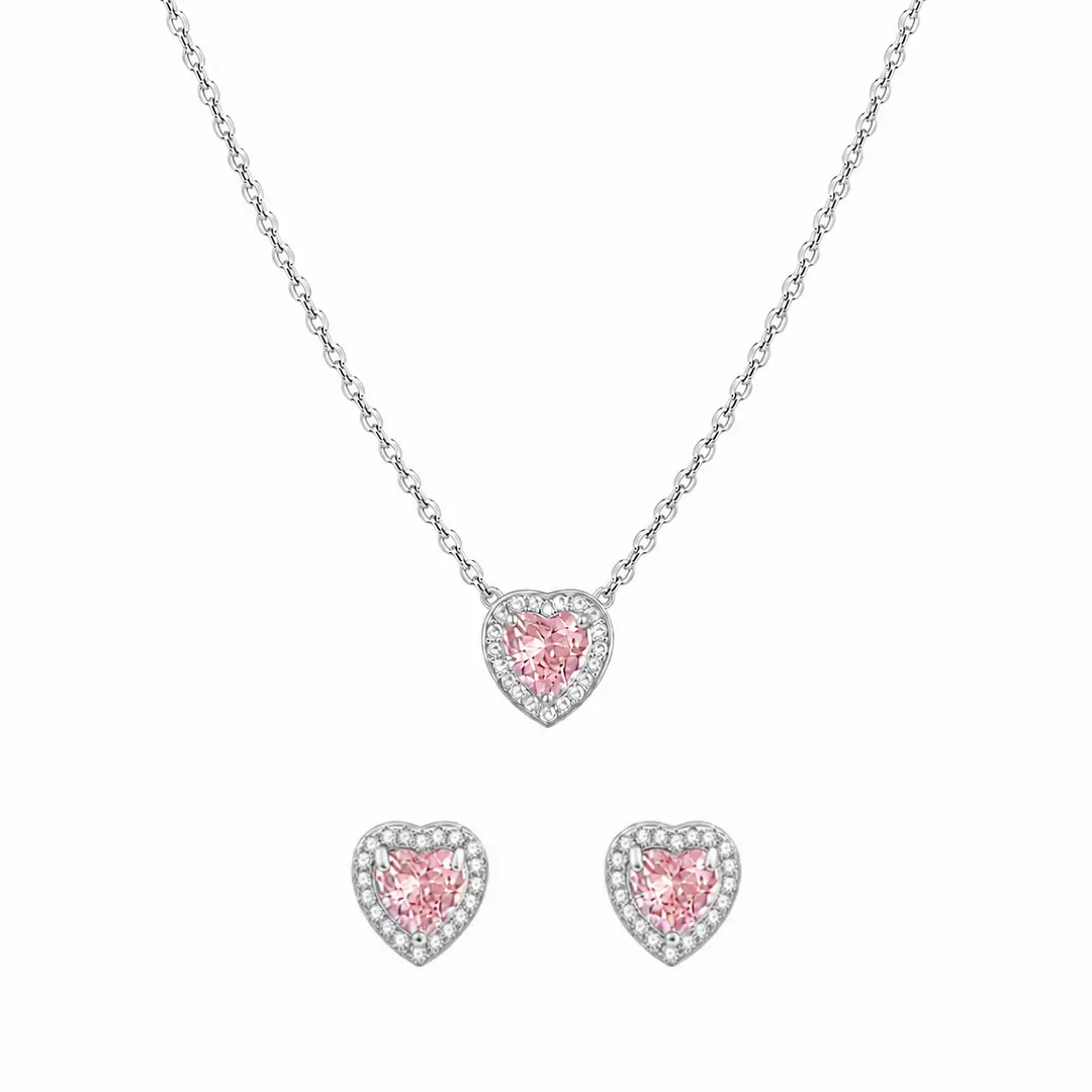 Set Pink Heart Silver format din colier și cercei cu inimă roz