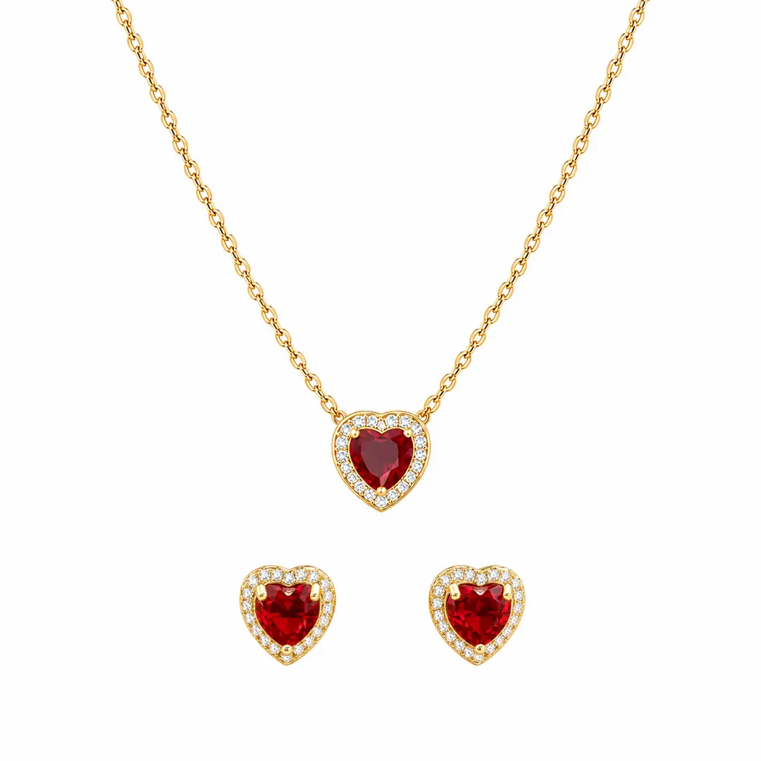 Set Red Heart Gold placat cu Aur 18K format din colier și cercei