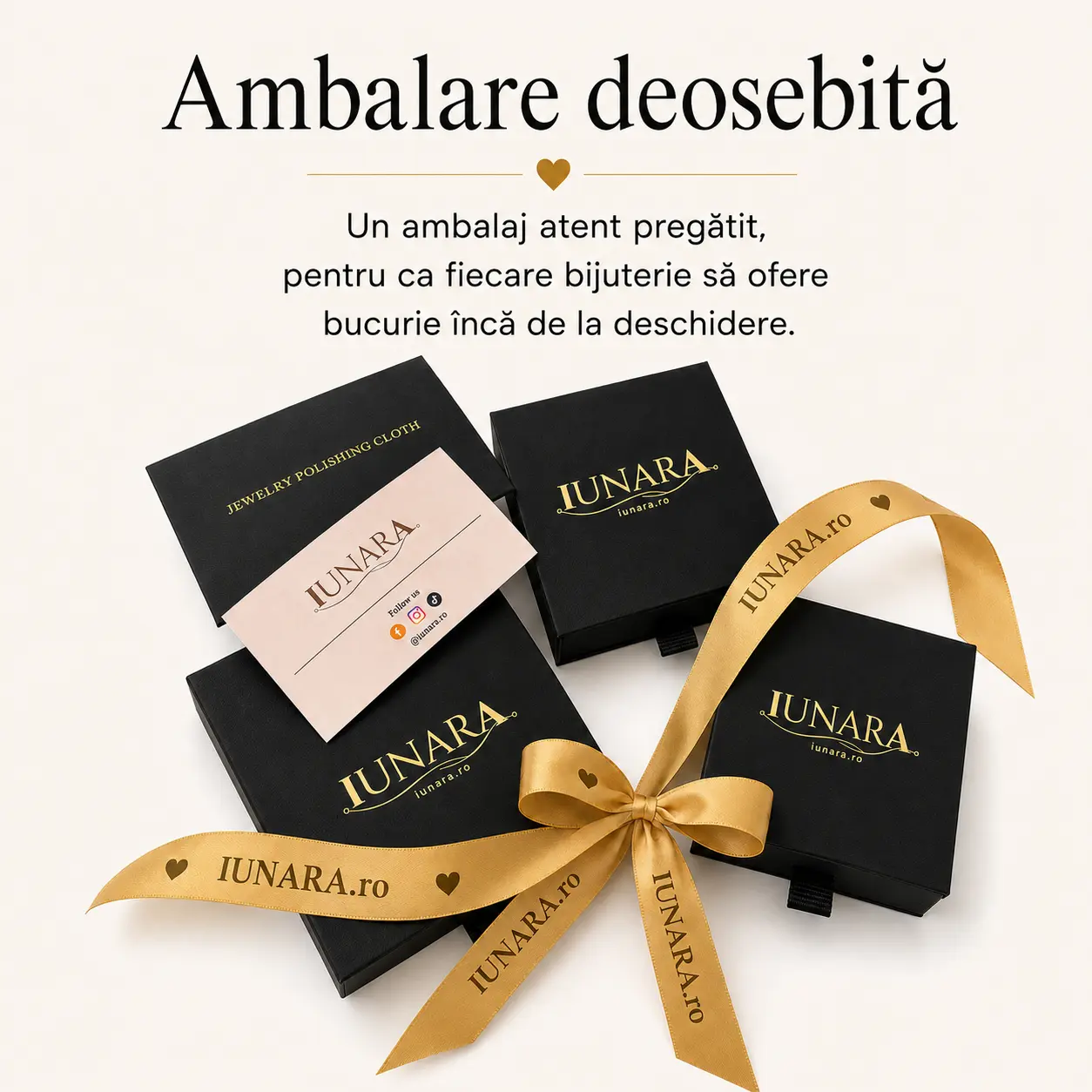 Ambalare deosebită pentru bijuteriile IUNARA, cu cutii negre și panglica personalizata