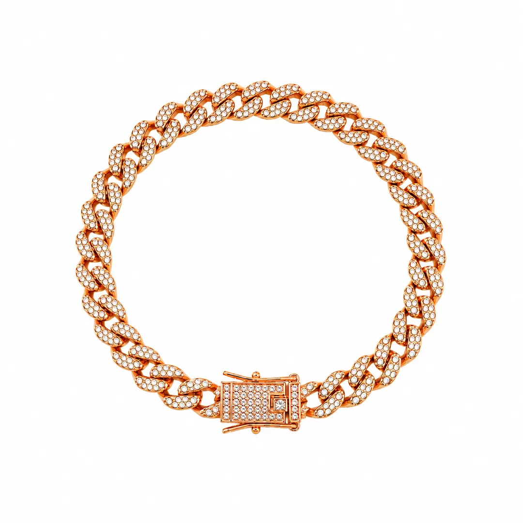 Brățară Cuban Rose Gold 18 cm, 8 mm, cu cristale strălucitoare