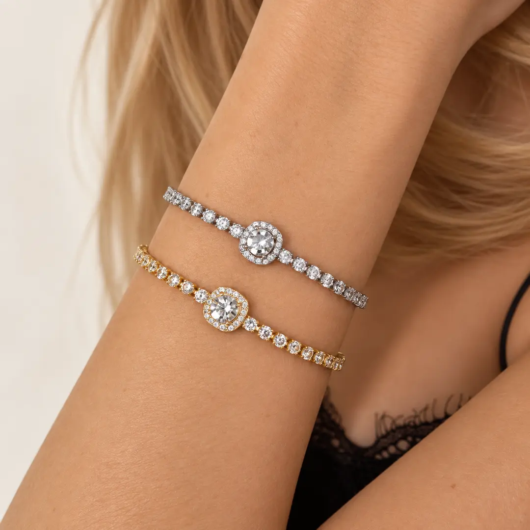 Brățari tennis Geometric Diamond Gold si Silver cu zirconiu purtate la mână
