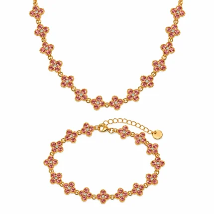 Set bijuterii Pink Flower Gold cu colier și brățară placate cu aur 18K